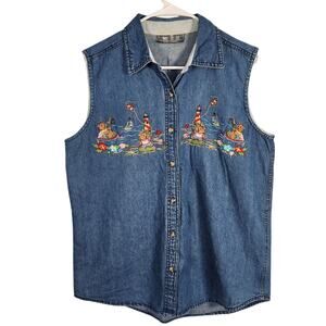 Way To Go Vintage Denim Sleeveless Button Down Shirt M/L Embroidered Coastal